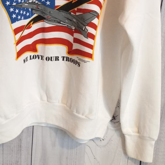 Vintage '91 Desert Storm American Flag Fighter Jet WE LOVE OUR TROOPS Sweatshirt - Picture 5 of 11